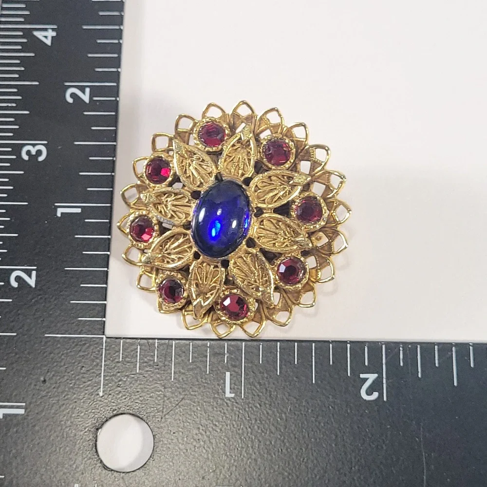 Victorian Revival Brooch Gold Tone Blue Red Faux Sapphire Rhinestones Filigree